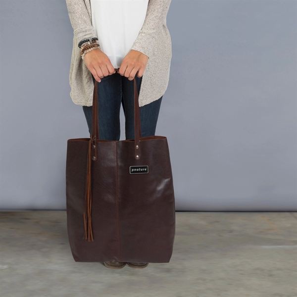 Brown leather tote bag with one large, deep main compartment, 14"... from ASI 61966 HPG / Beacon Promotions