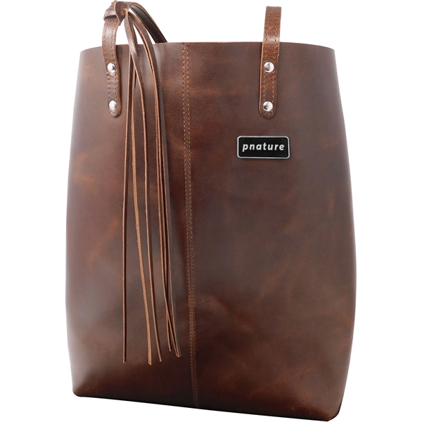 Brown leather tote bag with one large, deep main compartment, 14"... from ASI 61966 HPG / Beacon Promotions