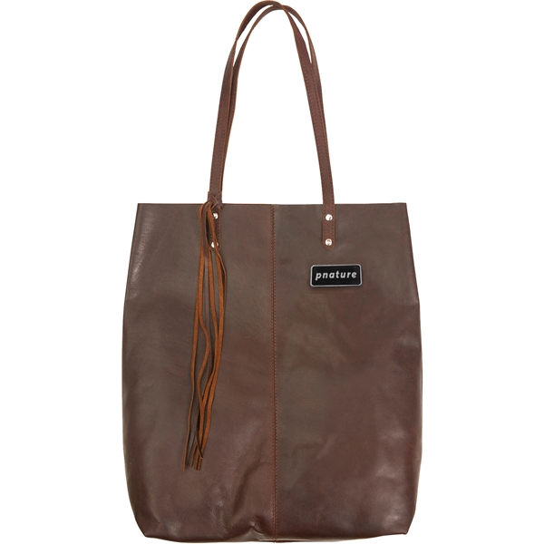 Brown leather tote bag with one large, deep main compartment, 14"... from ASI 61966 HPG / Beacon Promotions