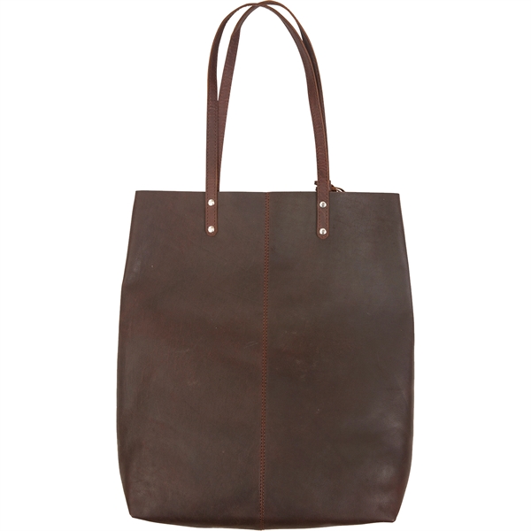 Brown leather tote bag with one large, deep main compartment, 14"... from ASI 61966 HPG / Beacon Promotions