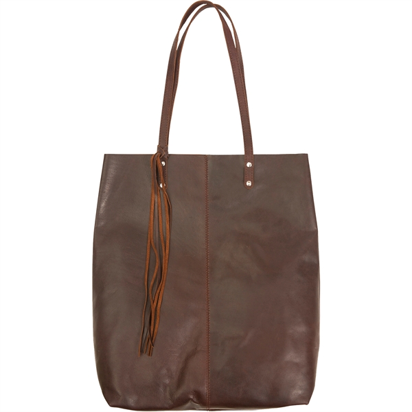 Brown leather tote bag with one large, deep main compartment, 14"... from ASI 61966 HPG / Beacon Promotions