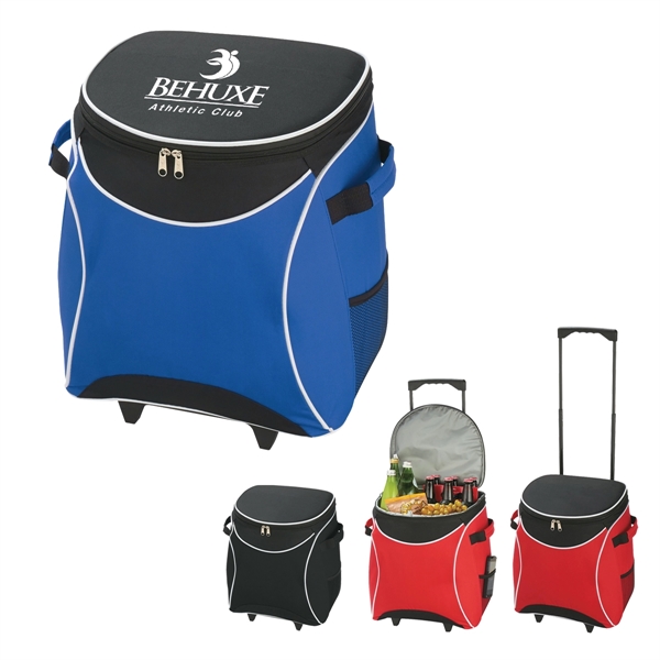 Polyester rolling cooler with large zippered main compartment, retractable auto lock... from ASI 61125 Hit Promotional Products / Hit®