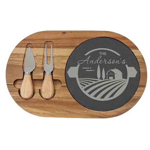 7.75" x 12.5" engraved acacia wood with inlaid slate cheese set.... from ASI 92531 Unique Custom Products / UCP