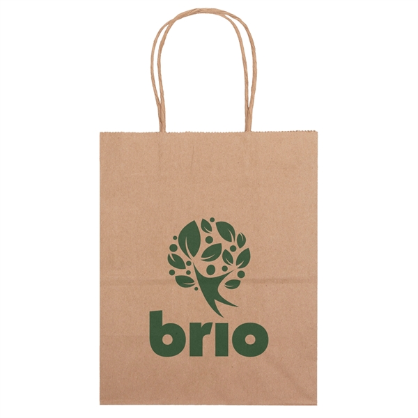 Eco-friendly brown kraft paper shopper with twisted paper handles and serrated... from ASI 37940 Bag Makers Inc