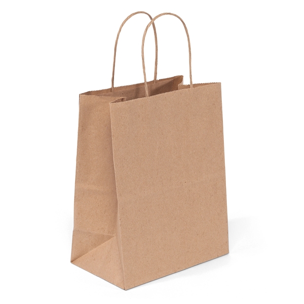 Eco-friendly brown kraft paper shopper with twisted paper handles and serrated... from ASI 37940 Bag Makers Inc