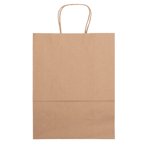 Eco-friendly brown kraft paper shopper with twisted paper handles and serrated... from ASI 37940 Bag Makers Inc