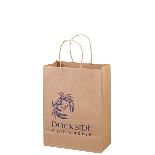 Eco-friendly brown kraft paper shopper with twisted paper handles and serrated... from ASI 37940 Bag Makers Inc