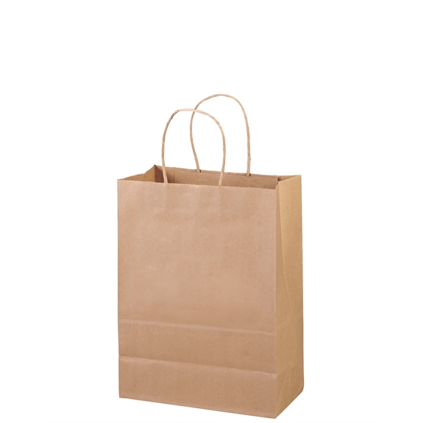 Eco-friendly brown kraft paper shopper with twisted paper handles and serrated... from ASI 37940 Bag Makers Inc