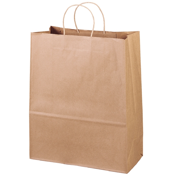 Eco-friendly brown kraft paper shopper with twisted paper handles and serrated... from ASI 37940 Bag Makers Inc
