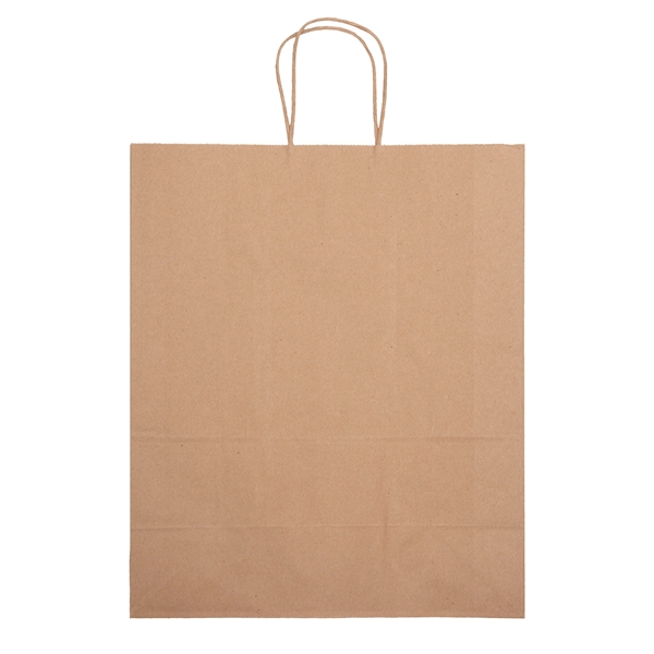 Eco-friendly brown kraft paper shopper with twisted paper handles and serrated... from ASI 37940 Bag Makers Inc