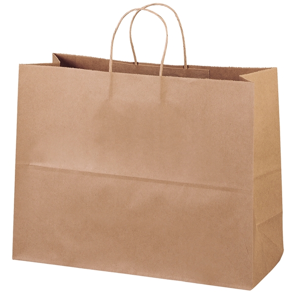 Eco-friendly brown kraft paper shopper with twisted paper handles and serrated... from ASI 37940 Bag Makers Inc