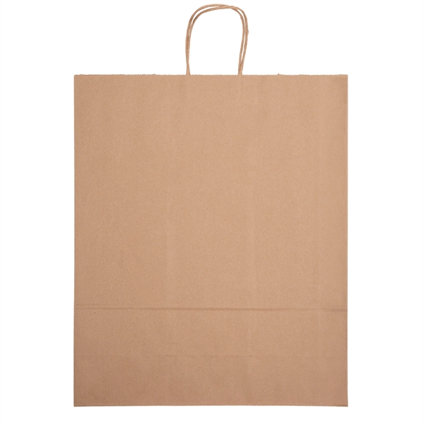 Eco-friendly brown kraft paper shopper with twisted paper handles and serrated... from ASI 37940 Bag Makers Inc