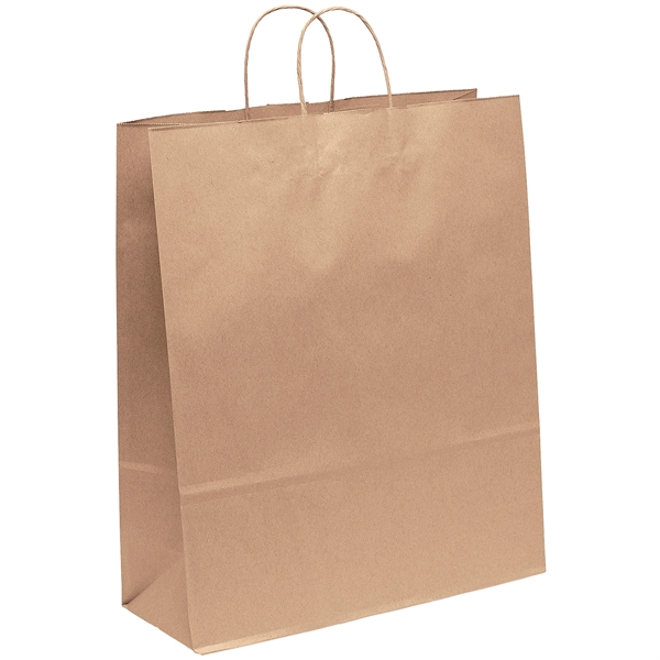 Eco-friendly brown kraft paper shopper with twisted paper handles and serrated... from ASI 37940 Bag Makers Inc