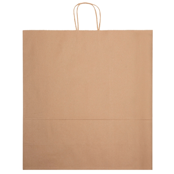 Eco-friendly brown kraft paper shopper with twisted paper handles and serrated... from ASI 37940 Bag Makers Inc