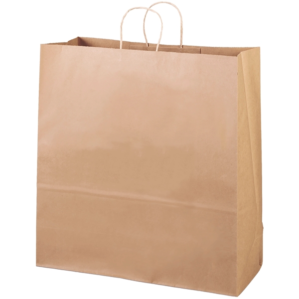 Eco-friendly brown kraft paper shopper with twisted paper handles and serrated... from ASI 37940 Bag Makers Inc