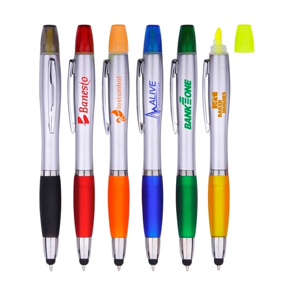 5.75" x 0.63" plastic ballpoint pen with highlighter and stylus tip... from ASI 37218 Athena Promo (tm)