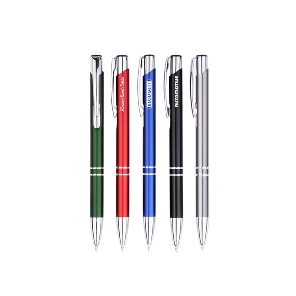 5.38" x 0.38" aluminum plunger-action ballpoint pen with chrome accents and... from ASI 37218 Athena Promo (tm)