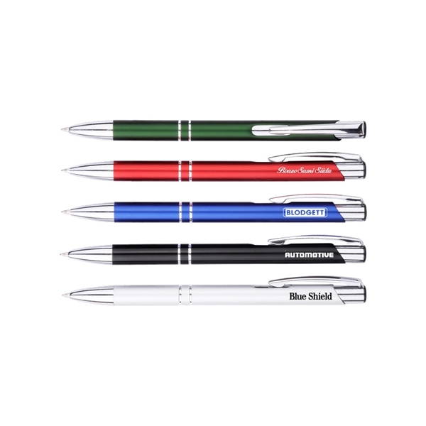 5.38" x 0.38" aluminum plunger-action ballpoint pen with chrome accents and... from ASI 37218 Athena Promo (tm)