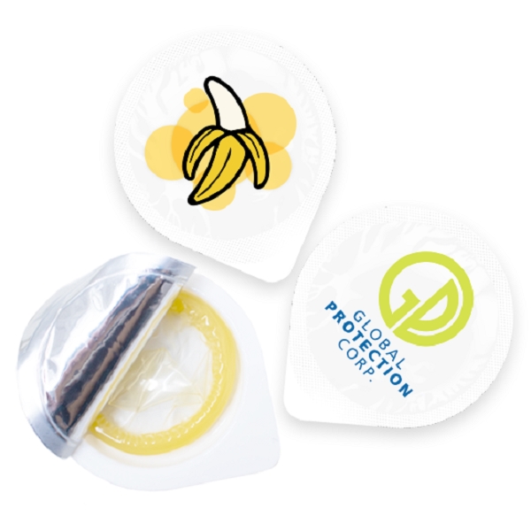 Printed custom condom in a buttercup container.... from ASI 47929 Custom Condoms