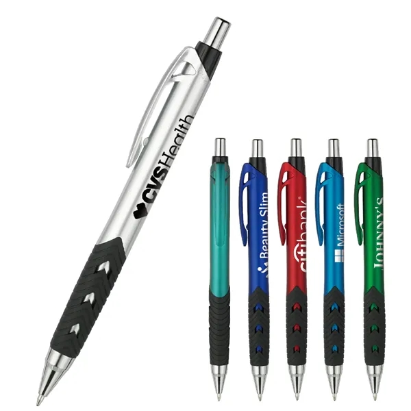 Roscoe plunger-action pen with metallic colors, a grip, and our signature... from ASI 82498 RiteLine LLC
