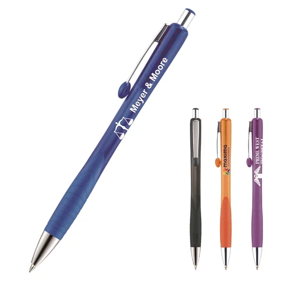 Retractable style pen with contoured translucent barrel, co-molded grip, chrome tim... from ASI 82498 RiteLine LLC
