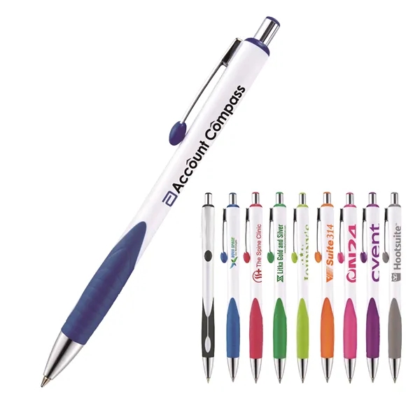 Retractable style pen with contoured bright white barrel, co-molded grip, chrome... from ASI 82498 RiteLine LLC