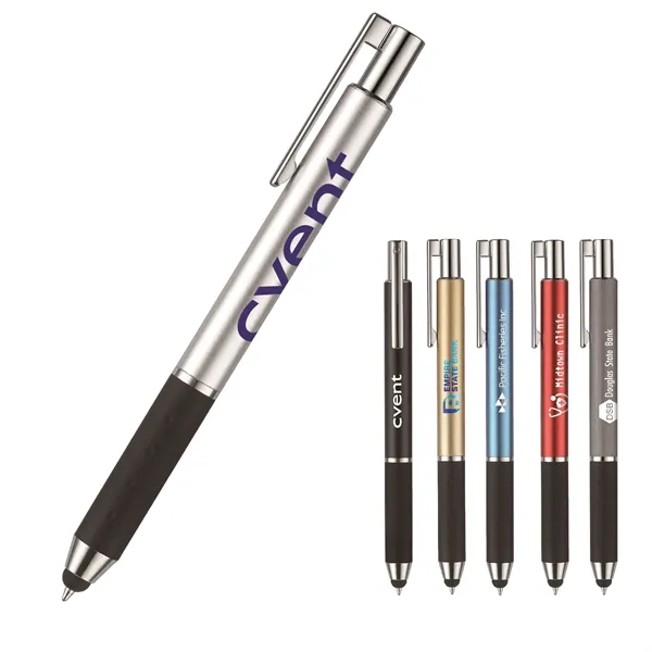 Retractable style stylus pen with metal barrel, satin finish, black soft... from ASI 82498 RiteLine LLC