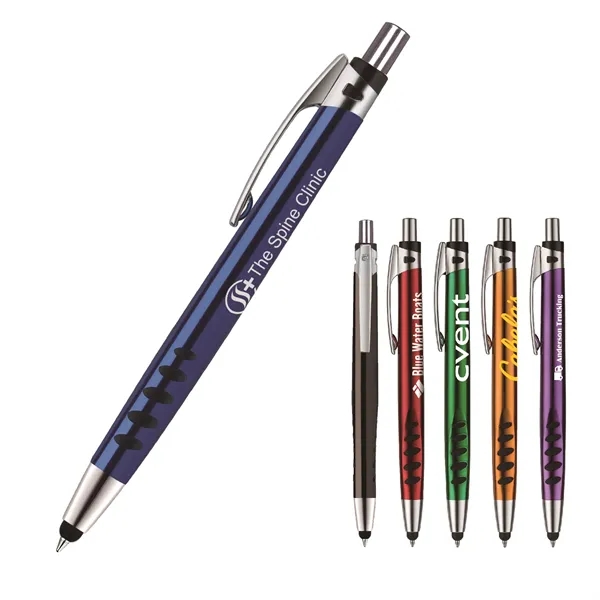 Plano plunger-action stylus shine pen with a contoured, glossy metallic barrel... from ASI 82498 RiteLine LLC