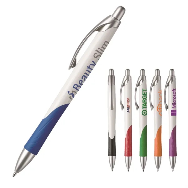 Pecos Prime plunger-action pen with a contoured, bright white barrel and... from ASI 82498 RiteLine LLC
