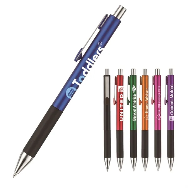 Shiner plunger-action pen with a straight, metallic barrel, black soft grip,... from ASI 82498 RiteLine LLC