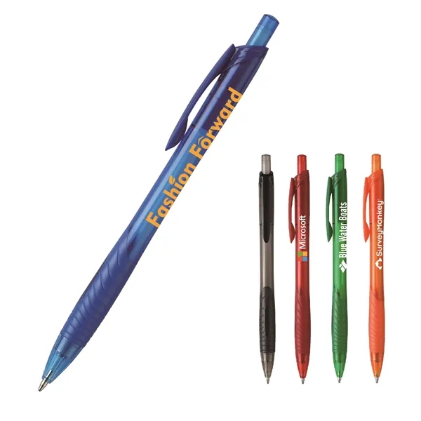 Plunger action pen with contoured translucent barrel, grooved co-molded soft grip... from ASI 82498 RiteLine LLC