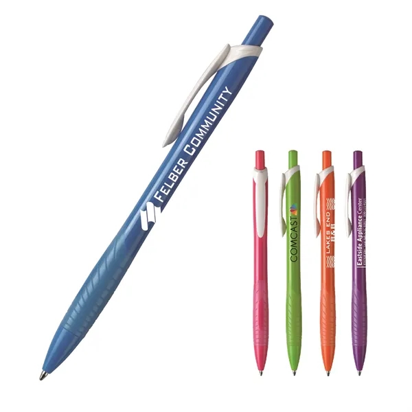 Plunger action pen with contoured colored barrel, grooved co-molded translucent soft... from ASI 82498 RiteLine LLC