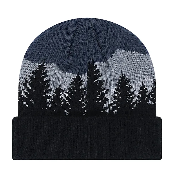 Knit cuffed 12" beanie with jacquard forest scene.... from ASI 80129 Quake City Caps