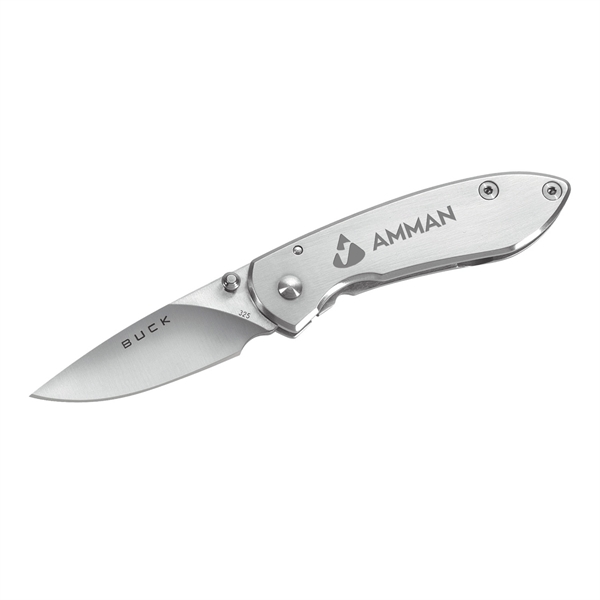 A compact Buck® Knife with engraving capabilities on the stainless steel... from ASI 46170 Compass Industries Inc