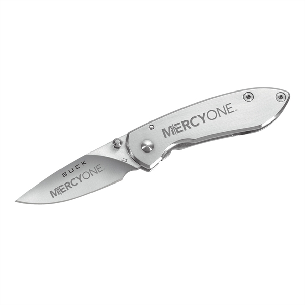 A compact Buck® Knife with engraving capabilities on the stainless steel... from ASI 46170 Compass Industries Inc