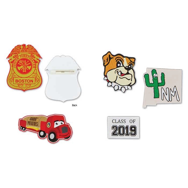 Budget priced Econo Pins, flat white PVC plastic w/safety pin back,... from ASI 94245 North Attleboro Jewelry Company