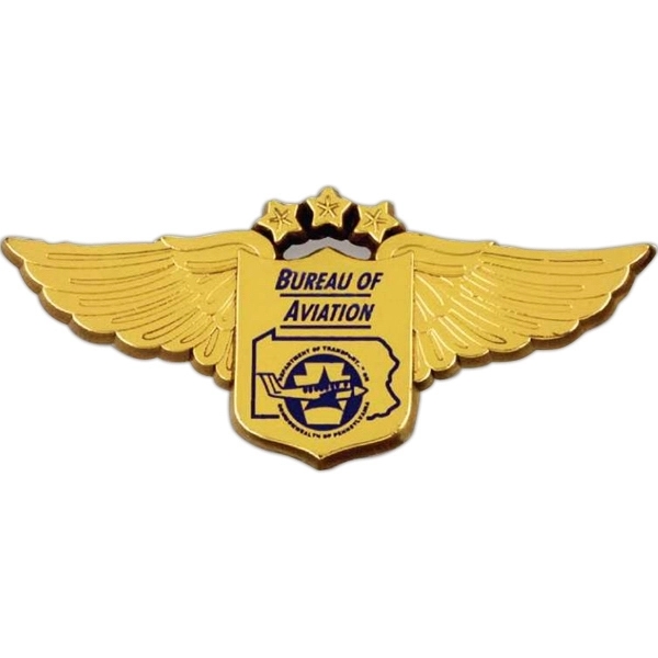 Plastic Wing shaped badge with crest. Available in standard base colors... from ASI 94245 North Attleboro Jewelry Company