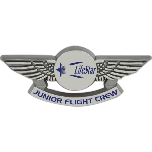 Plastic Wing shaped badge with circle and banner available in standard... from ASI 94245 North Attleboro Jewelry Company