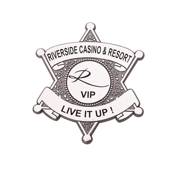 Plastic Universal 6 pt Star Badge w/banners, black, silver or gold... from ASI 94245 North Attleboro Jewelry Company