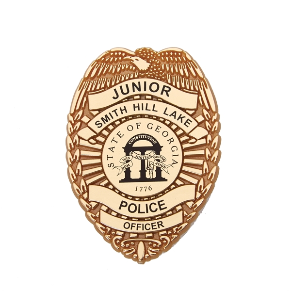 Badge style labels usually black with shiny silver or gold foil... from ASI 94245 North Attleboro Jewelry Company