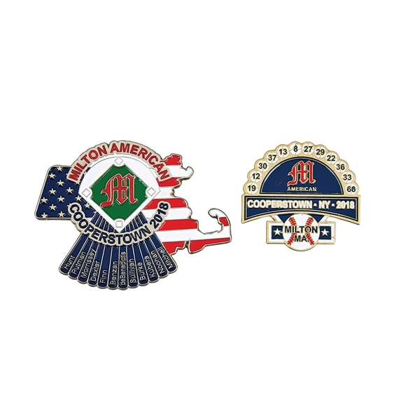 Die struck pins, 2"x2" custom shape w/players' names/numbers,up to 4 spot... from ASI 94245 North Attleboro Jewelry Company