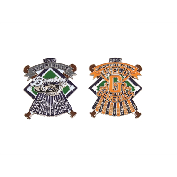 Die struck pins, 2"x2" custom shape w/players' names/numbers,up to 4 spot... from ASI 94245 North Attleboro Jewelry Company