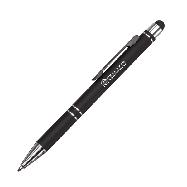 The Scroll Aluminum Ballpoint Pen with Stylus features a matte black... from ASI 84592 St Regis Group