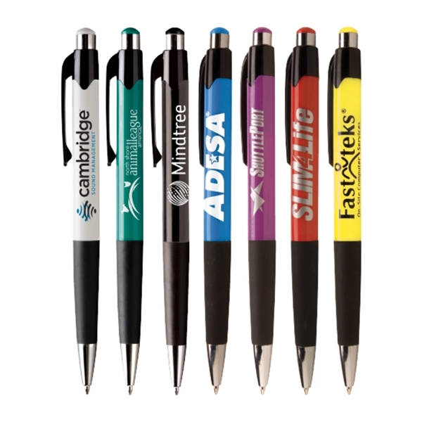 5.4" x 0.4" plunger-action plastic ballpoint pen with color barrel, rubber... from ASI 37218 Athena Promo (tm)