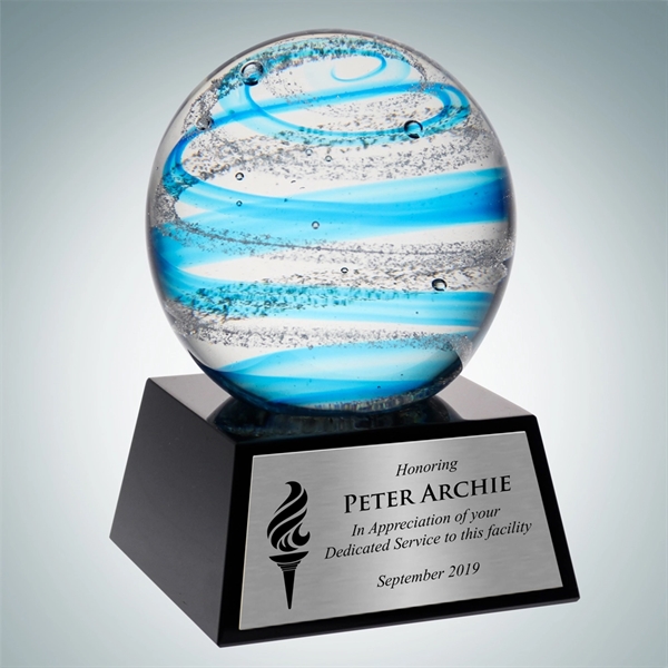 Art Glass Blue Jupiter Award with Black Base and Silver Plate.... from ASI 47791 Best Deal Awards