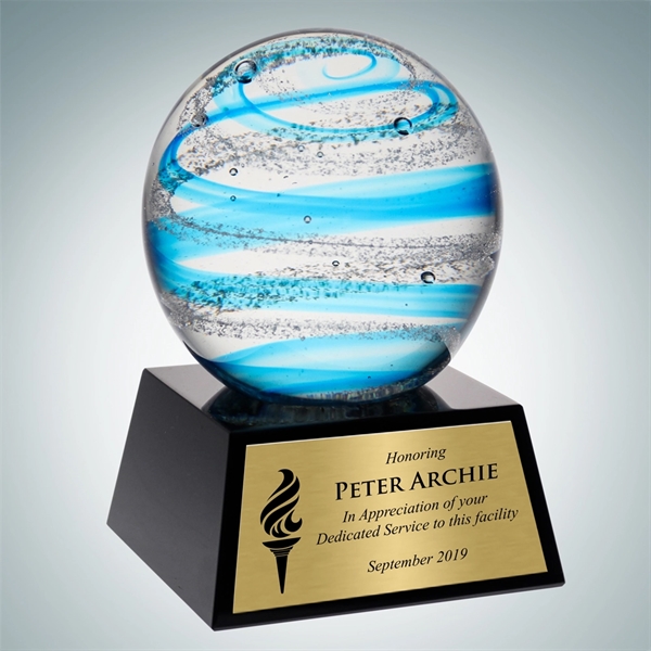 Art Glass Blue Jupiter Award with Black Base and Gold Plate.... from ASI 47791 Best Deal Awards