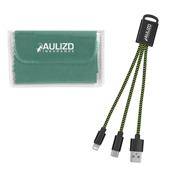 Charging buddy kit with 3-in-1 braided connectors and a microfiber cloth... from ASI 61125 Hit Promotional Products / Hit®