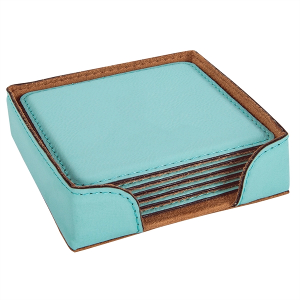 Set of six teal square PU leatherette drink coasters in storage... from ASI 74601 Calico