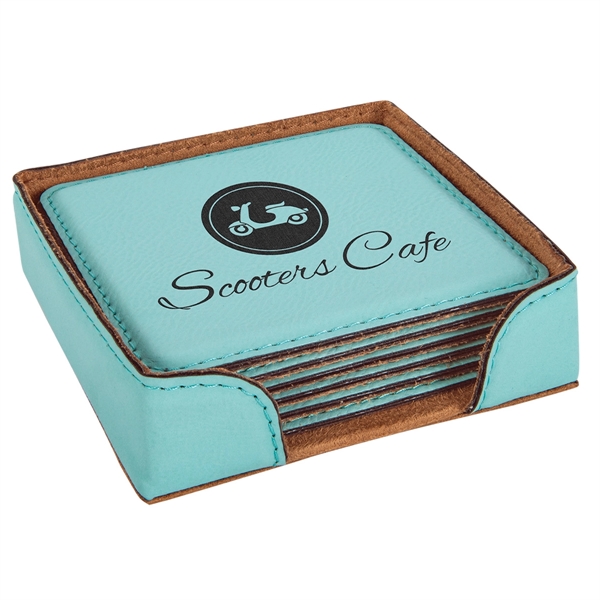 Set of six teal square PU leatherette drink coasters in storage... from ASI 74601 Calico