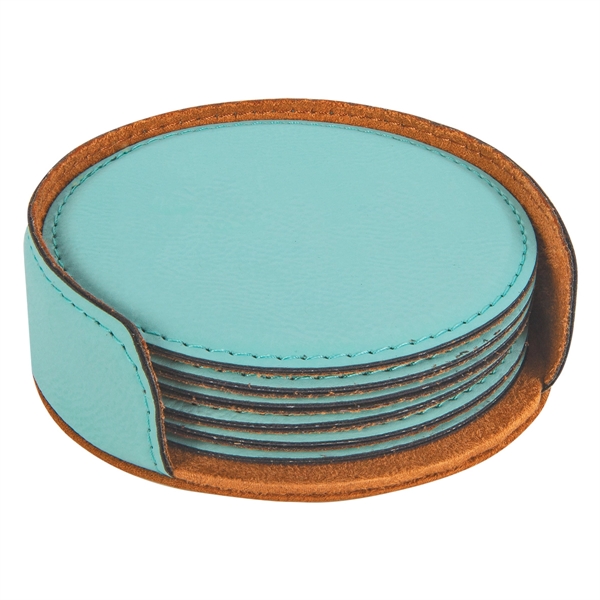 Set of six teal PU leatherette drink coasters in storage sleeve.... from ASI 74601 Calico